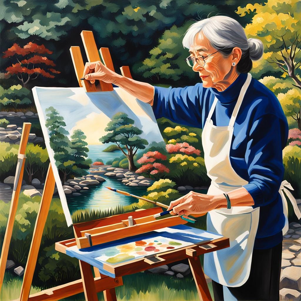 Elderly Woman Painting in a Japanese Garden