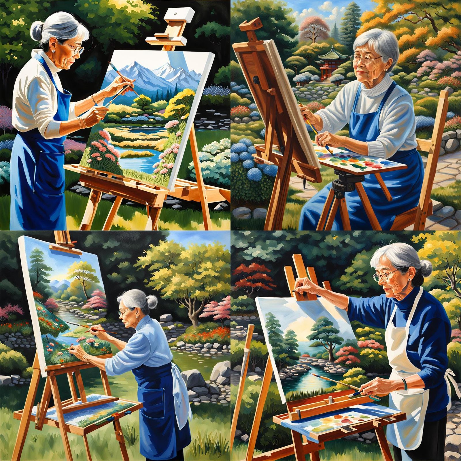 Woman Painting in Japanese Garden, Photorealistic Oil