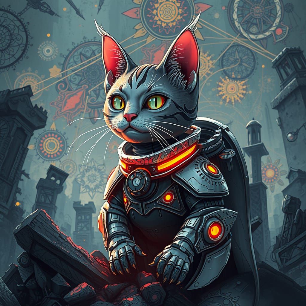 Cyberpunk Feline Warrior Peeks from Ruined Cityscape