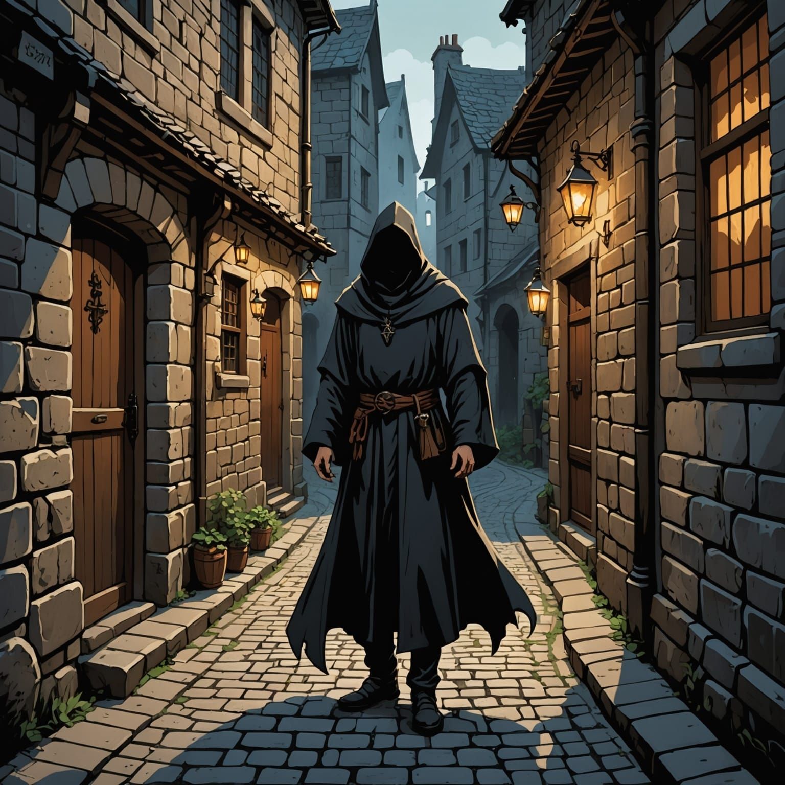 Mysterious Hooded Figure in Medieval Alleyway