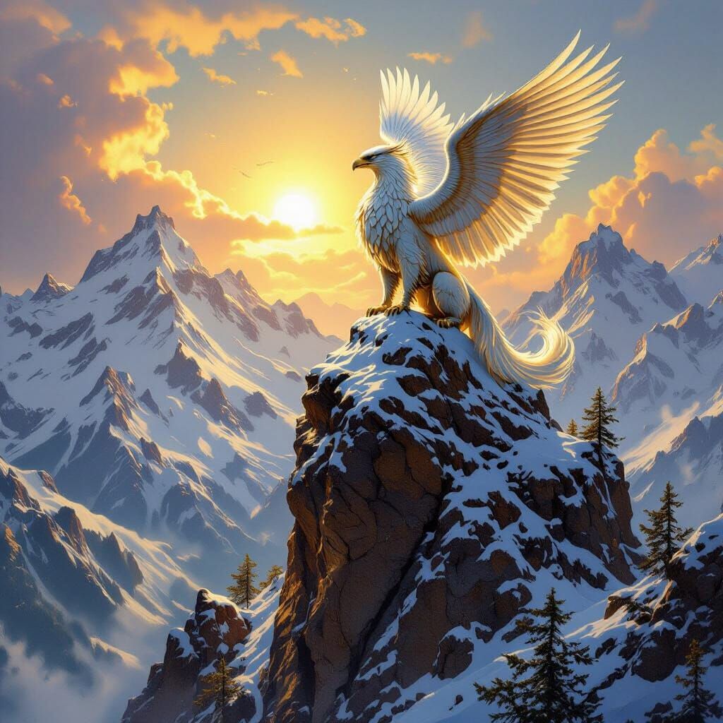 Griffin Perched Atop Mountain in Fantasy Style