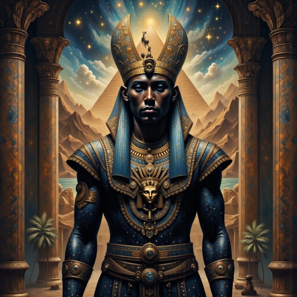 Regal Pharaoh in Ornate Chamber: Surreal Digital Art