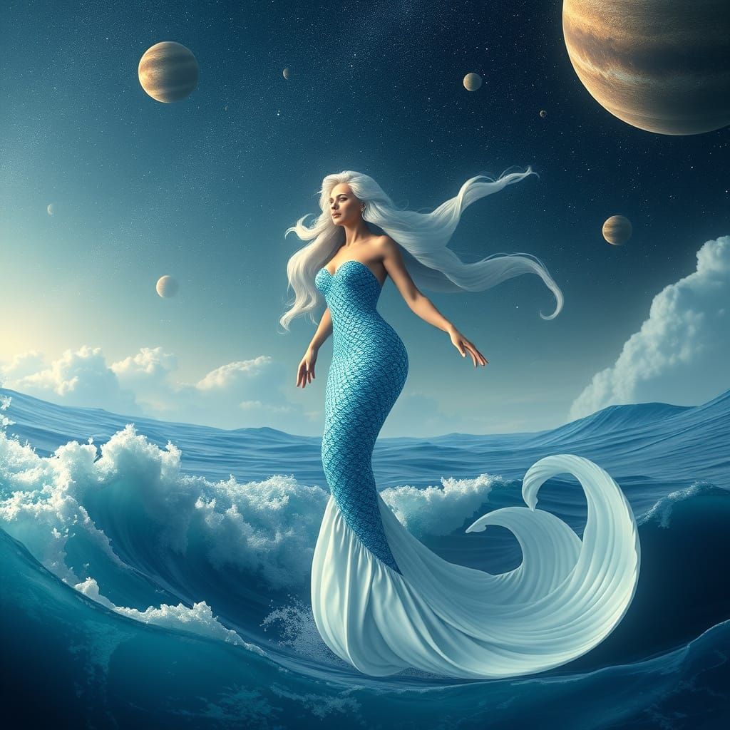 Una obra de arte digital de una sirena de larga  cabellera b...