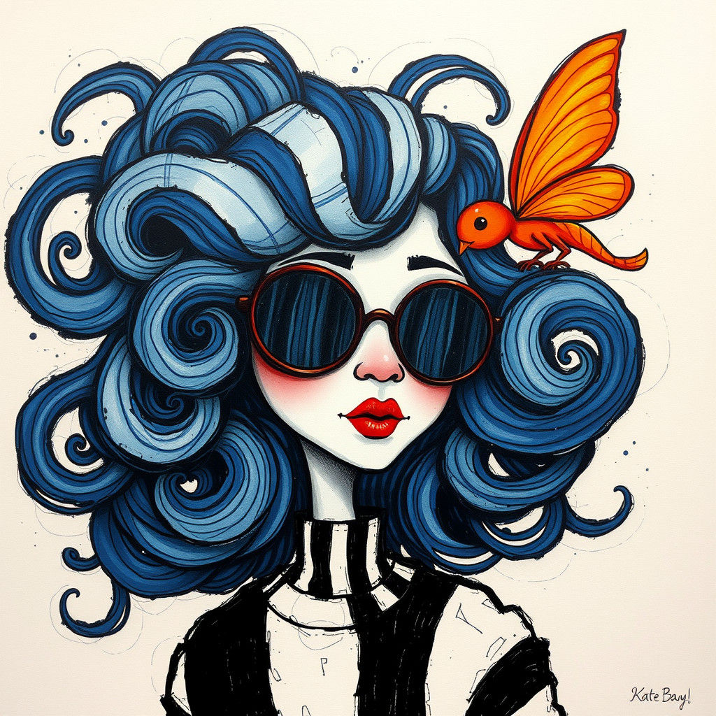 Whimsical Woman with Fairy in Naive Art Style