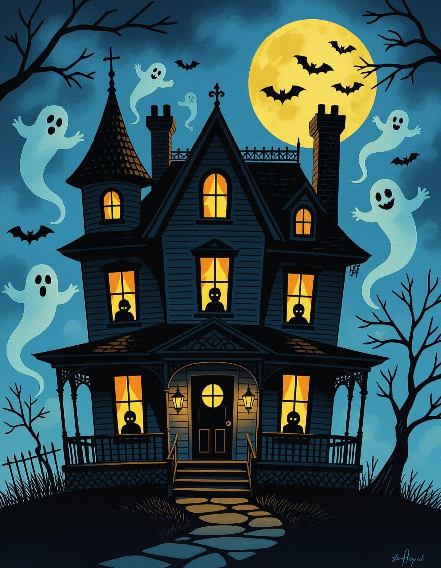 Eerie Haunted House with Ghosts in Dark Fantasy Style