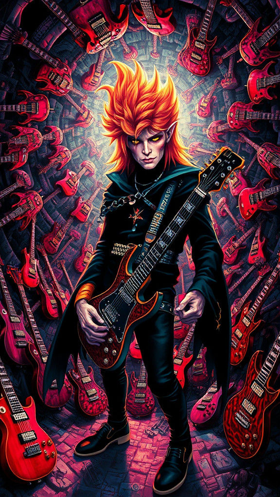 Elastic reality / warped and stretched  punk emo goth (Goblin King Jareth from Labyrinth)   fused with infinite repeatin...