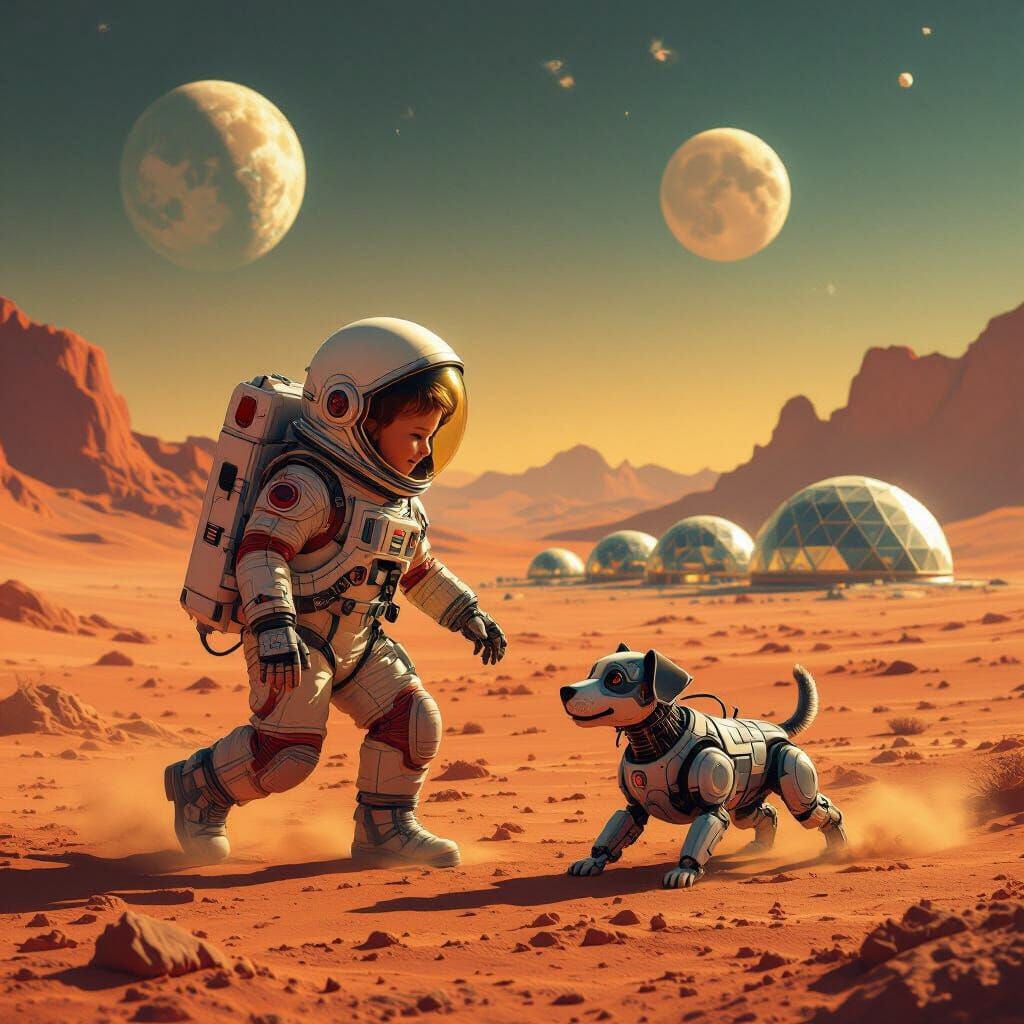 Child Chasing Robot Dog on Mars in Retro Sci-Fi Style