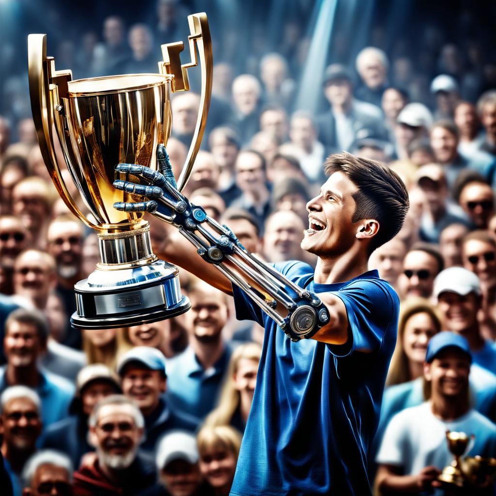 Proud Disabled Man Holds Trophy to Cheering Crowd