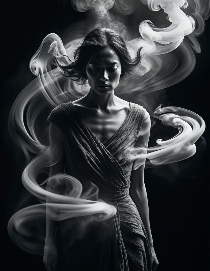 Monochrome Smoke Swirls Around a Woman