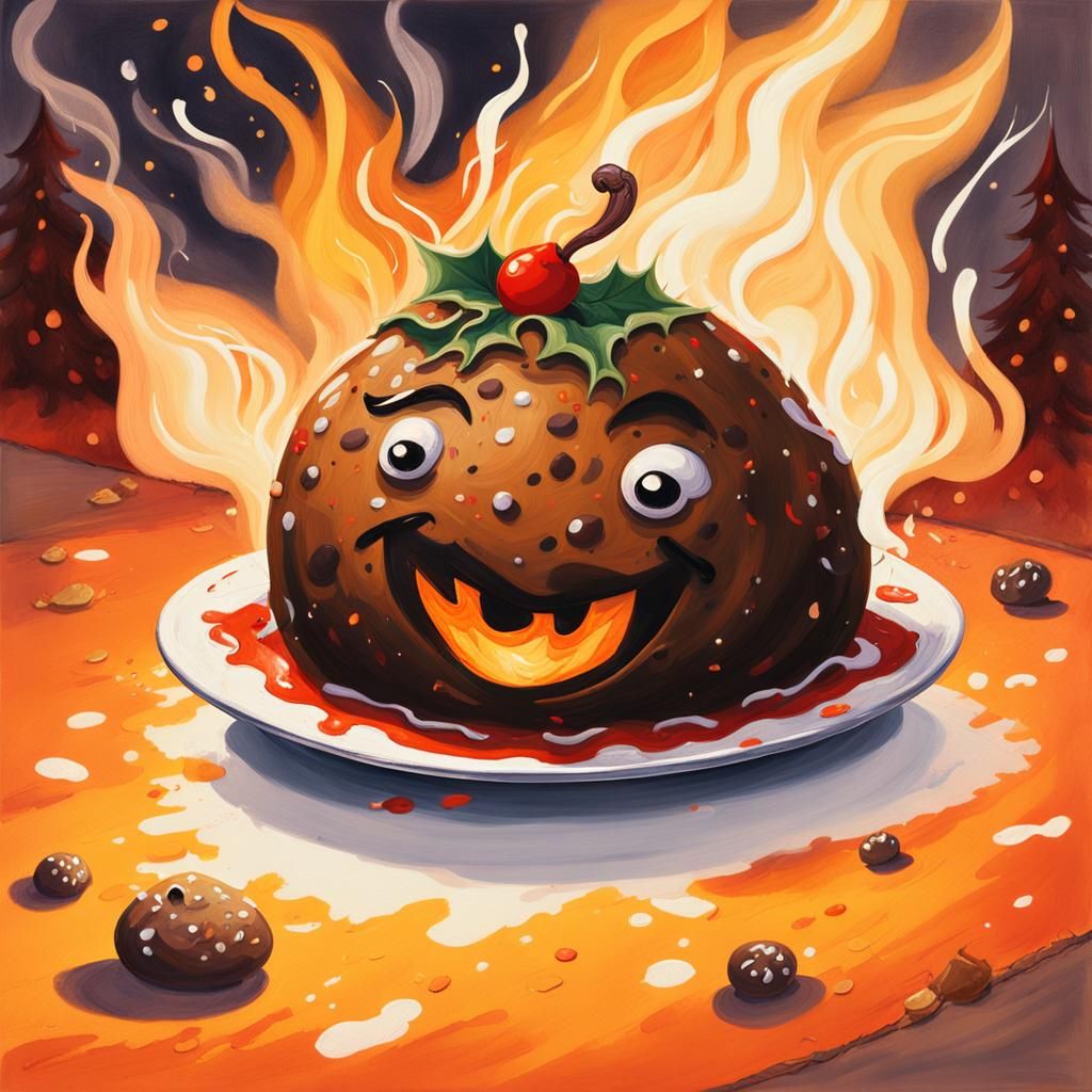 Gouache Christmas Pudding Runs from Dinner Table in Fiery Es...