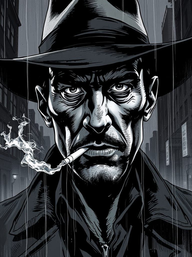 Gritty Noir Detective Face in Neon Light Comic Art
