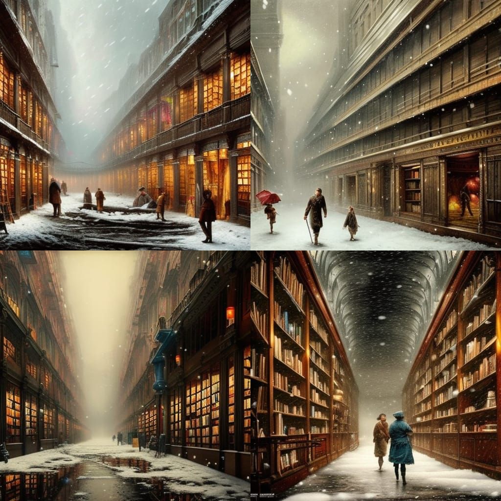 Snowy Bookstore Interior: Photorealistic Digital Painting