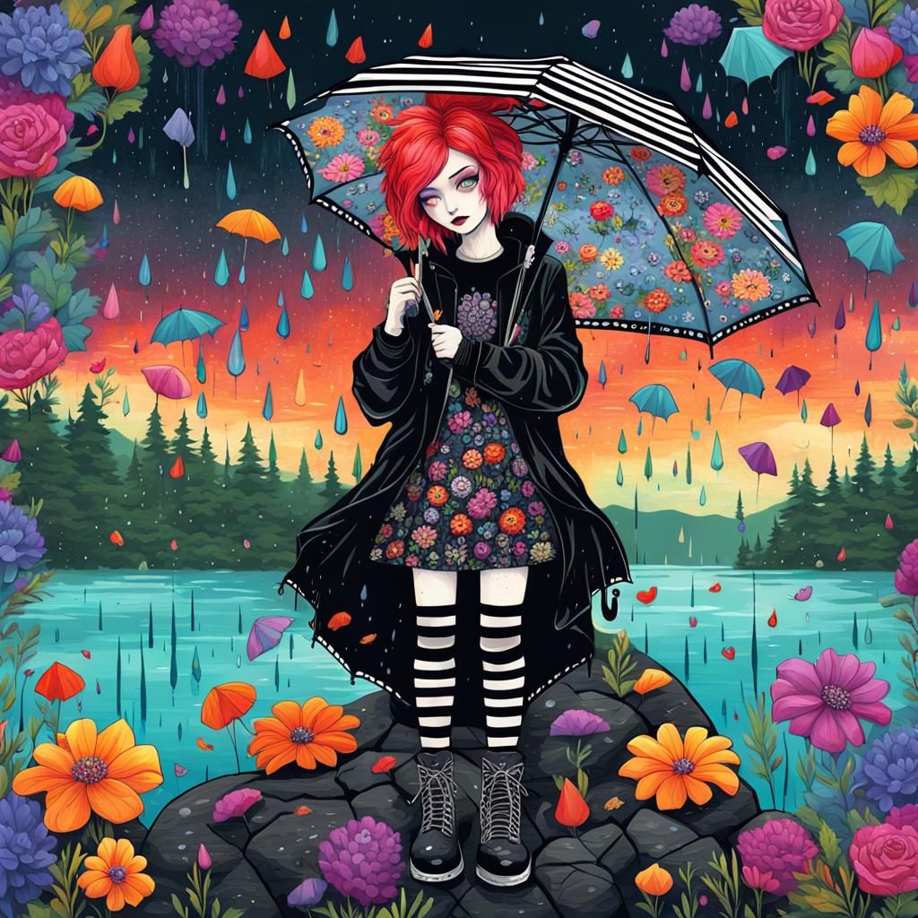 Vibrant Grunge Gothic Girl in Rainy Lake