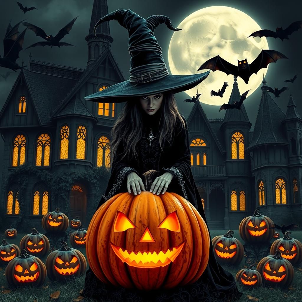 A mysterious witch, clad in a tattered, floor-length black gown, standing in front of a haunted house, with bats flying ...