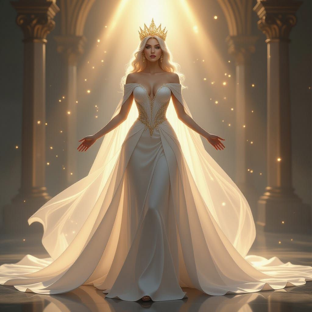 Divine Queen Radiating White-Golden Light in Fantasy Portrai...