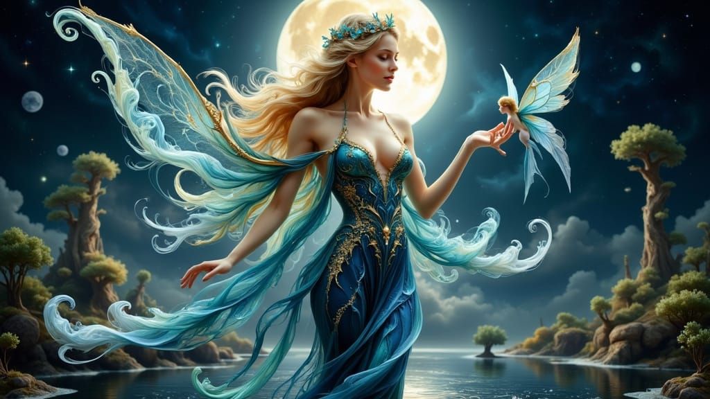 Fairy Queen with Translucent Dress in Nocturnal Forest