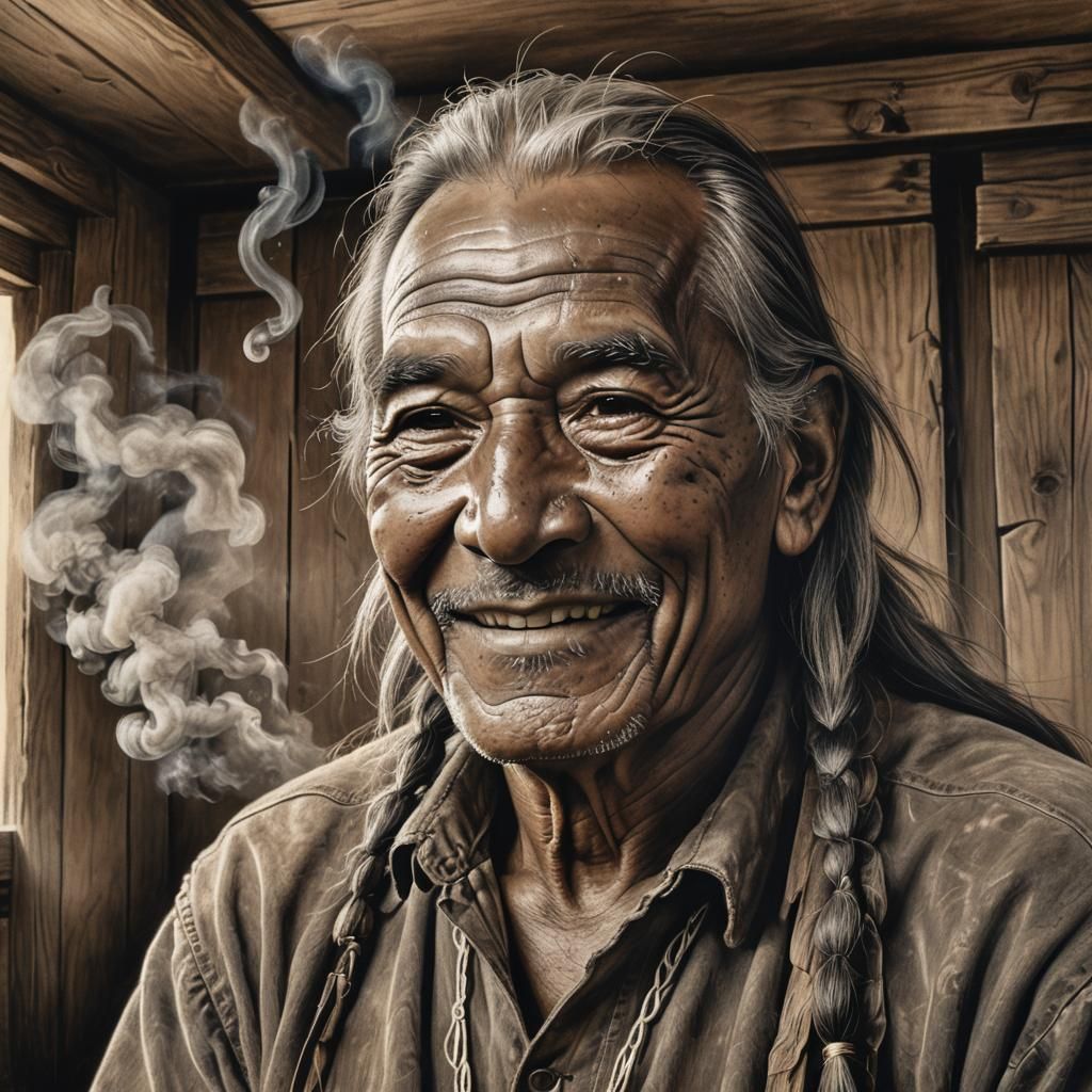 Native American Man Portrait in Charcoal Drawing