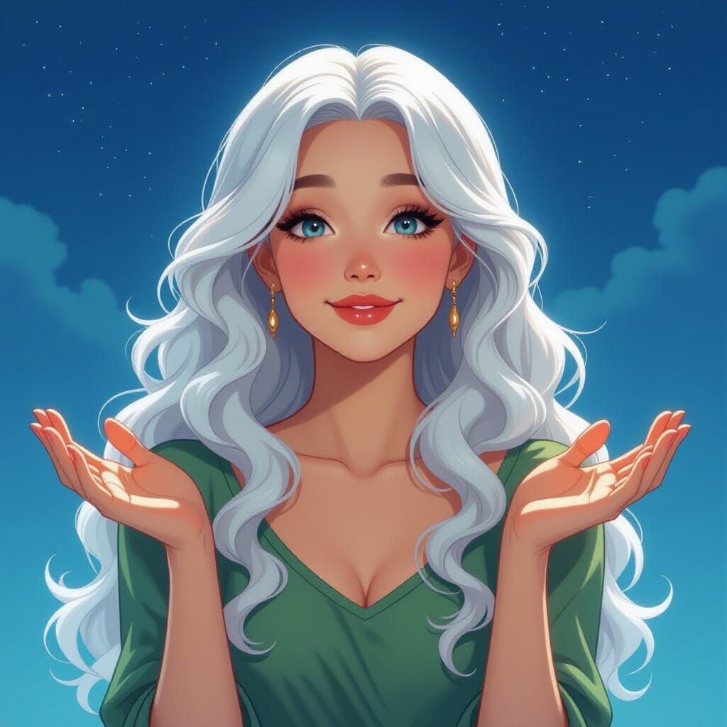 Woman Beckons Under Neon Night Sky