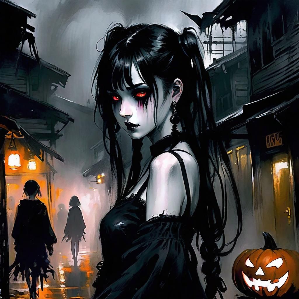Eerie Anime Girl in Halloween Dress, Ink Splash Art