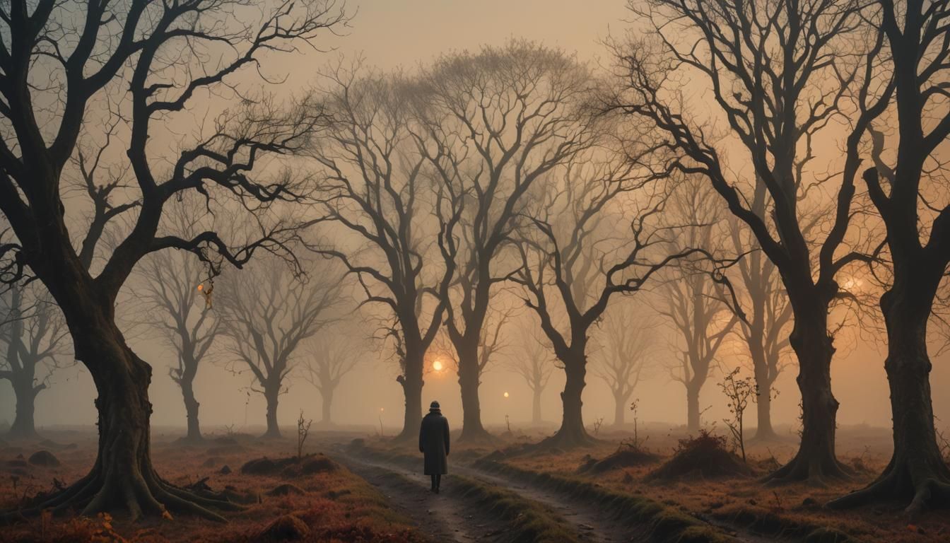 Autumnal Ethno-Surrealist Landscape with Glowing Symbols