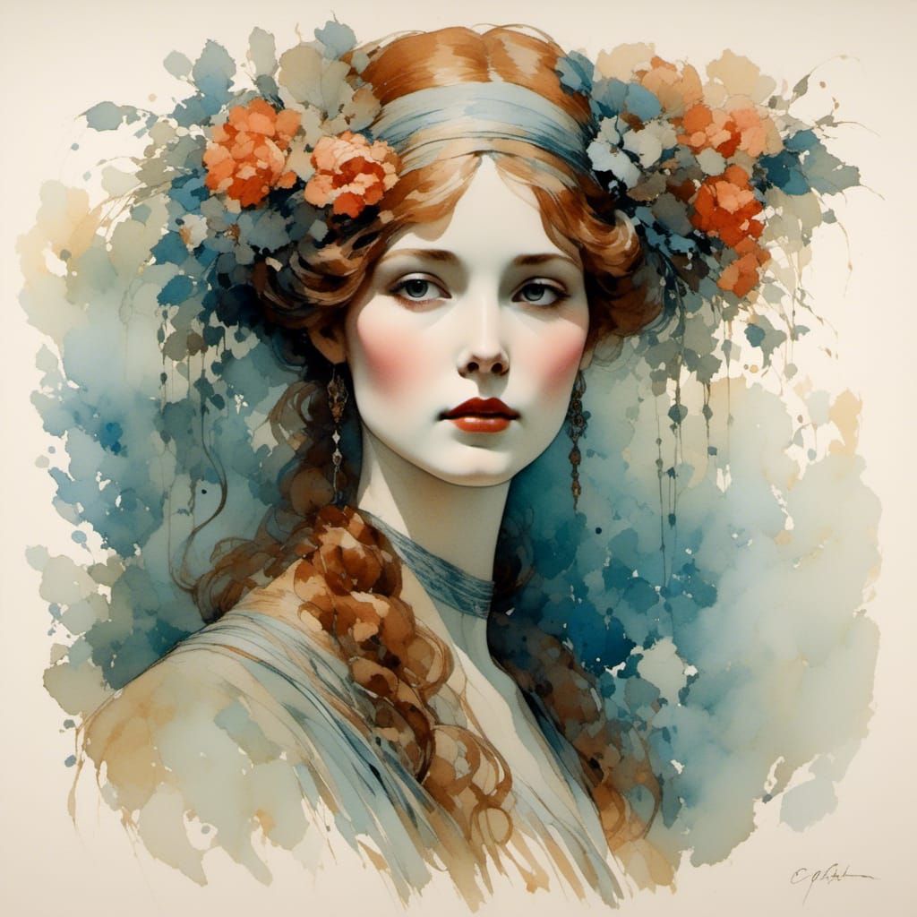 Art Nouveau Flapper Portrait in Watercolor Style