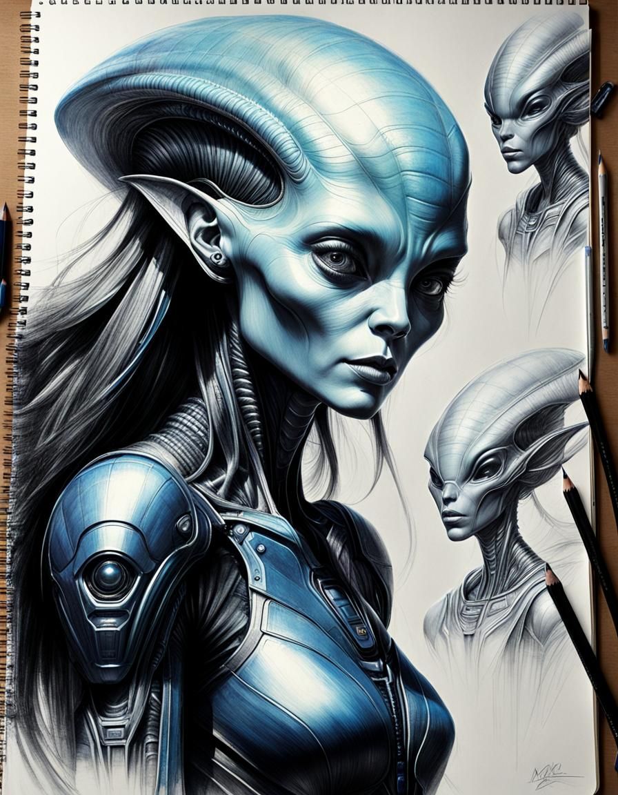 Alien Woman: Detailed Pencil Sketch on Sketchpad