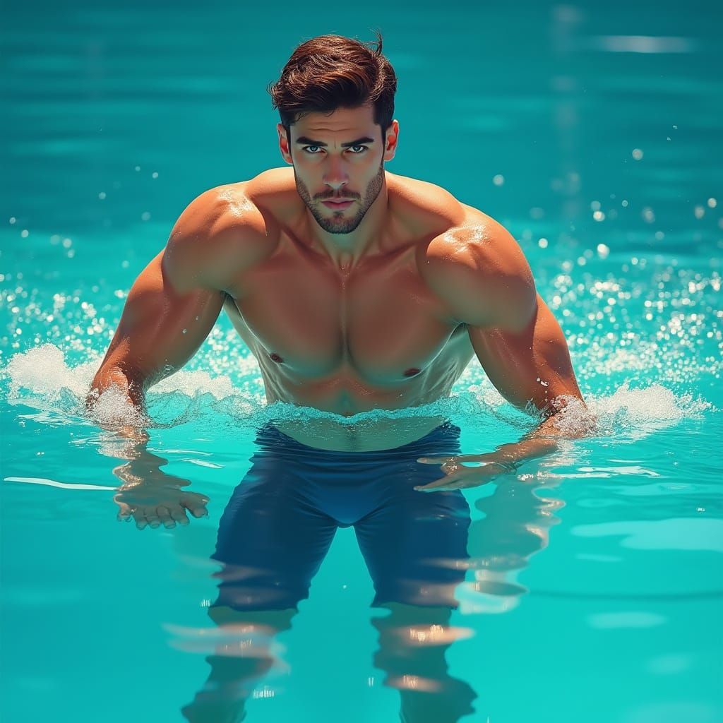 Chiseled Athlete Poses Confidently on Pool Edge