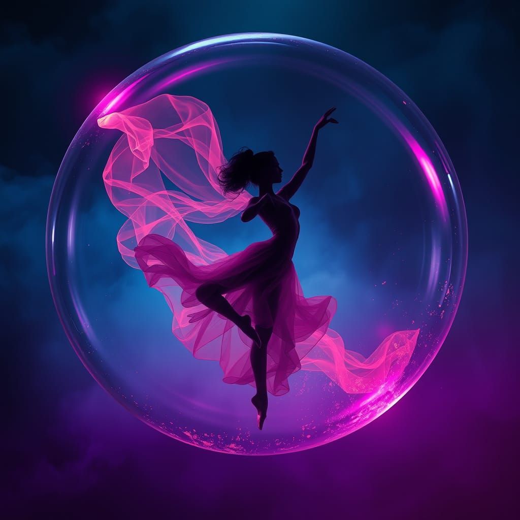 Dreamlike Dancer Silhouette in Ethereal Saiplula Bubble