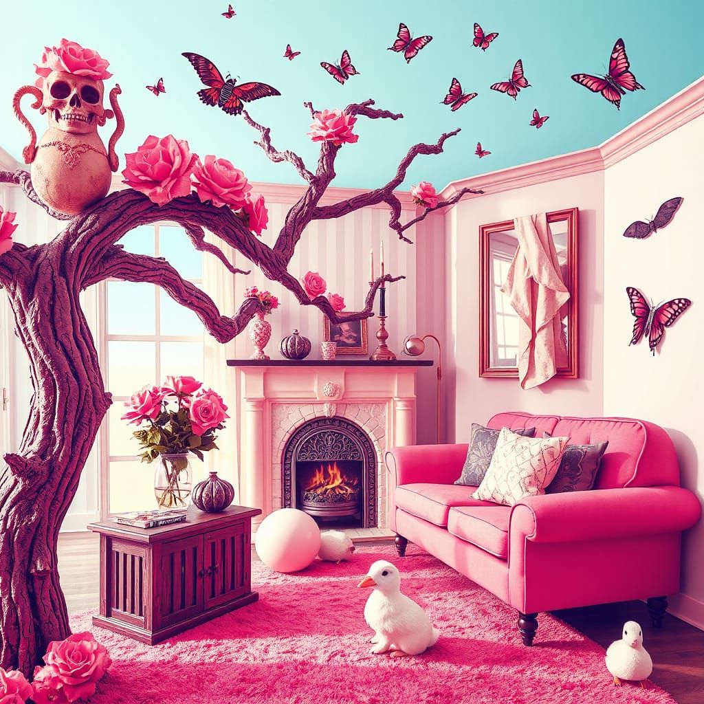 Vibrant Pink Living Room with Rabbits and Pink Tree