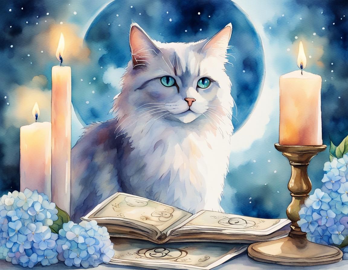 Mystic Cat with Tarot Cards in Watercolor