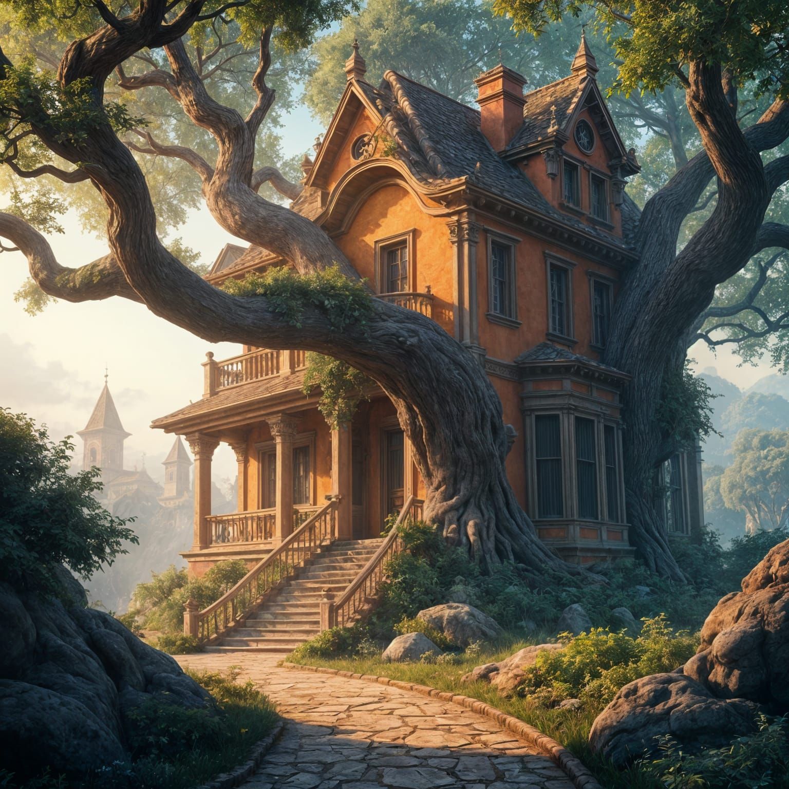 Surreal Magical Tree Guards Italian Villa with Majestic Bran...