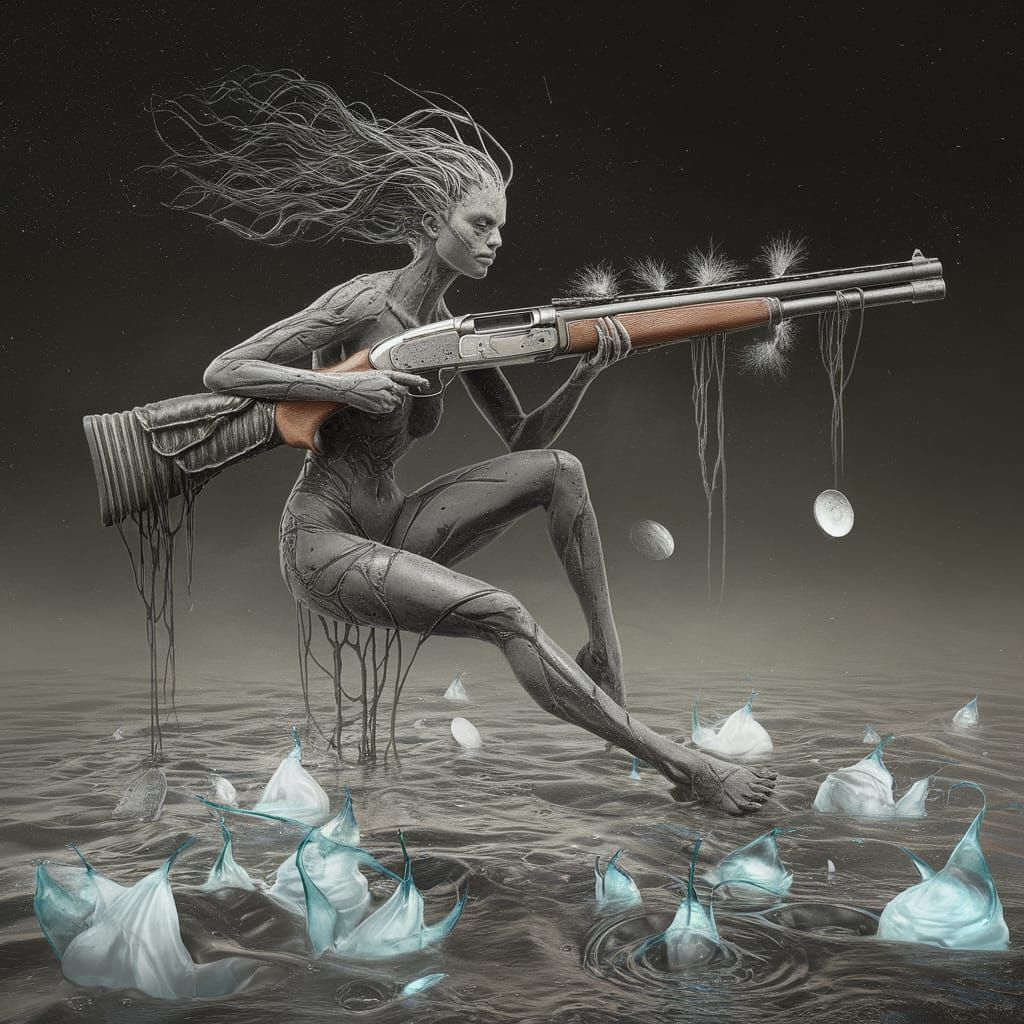 Warped Obsidian Figure Grafts onto Shotgun in Dreamlike Scen...