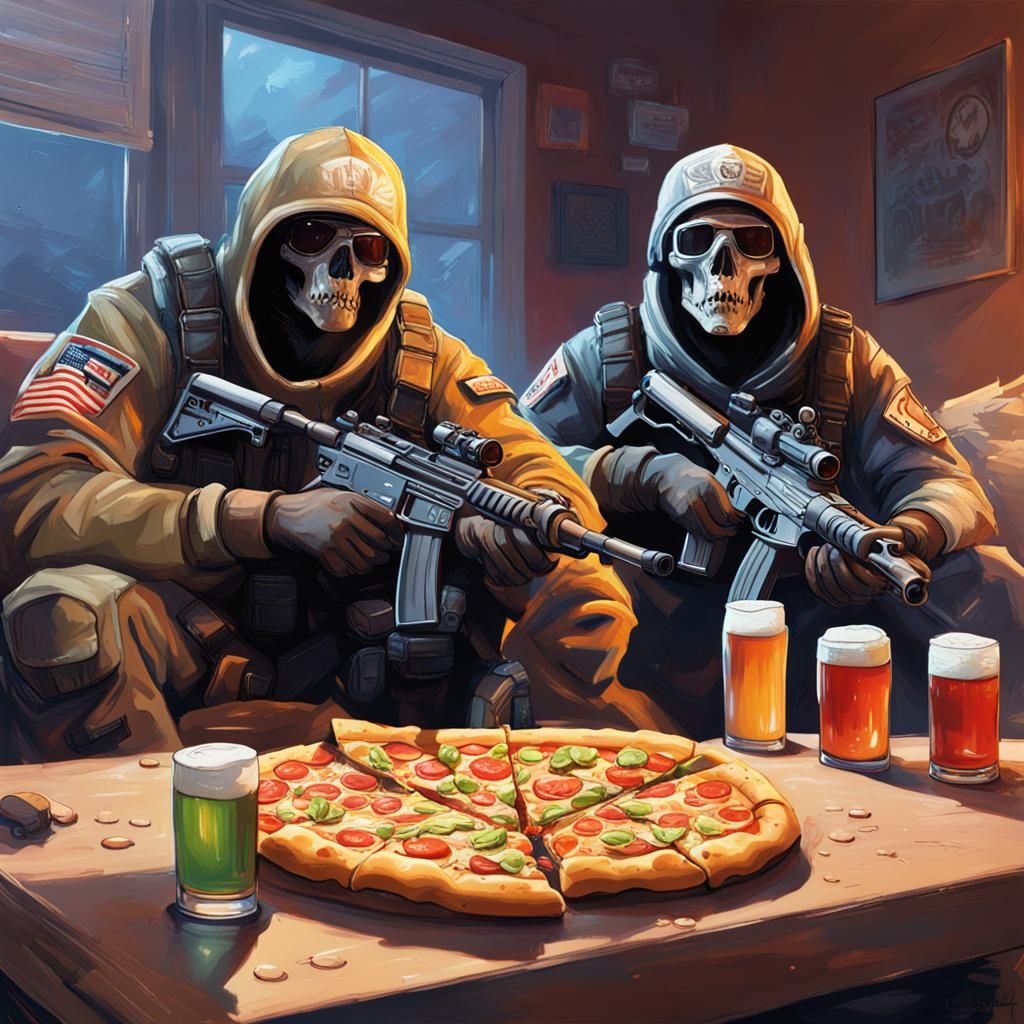 Hyperrealistic Soldiers Enjoying Games and Pizza at Home