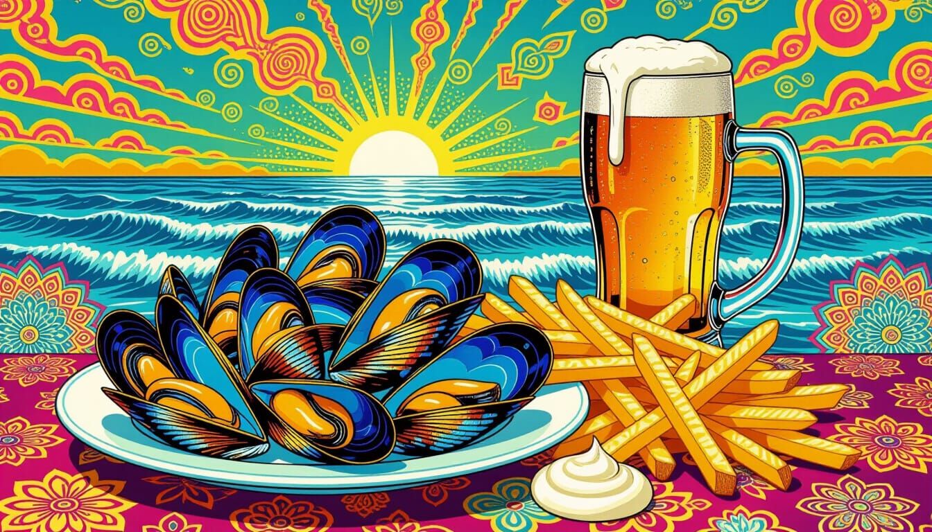 Psychedelic Pop Art of Mussels, Fries, Beer