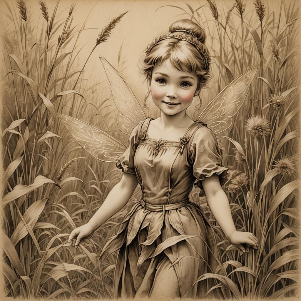 Tinkerbell in Ornamental Grass, Pencil Sketch Style