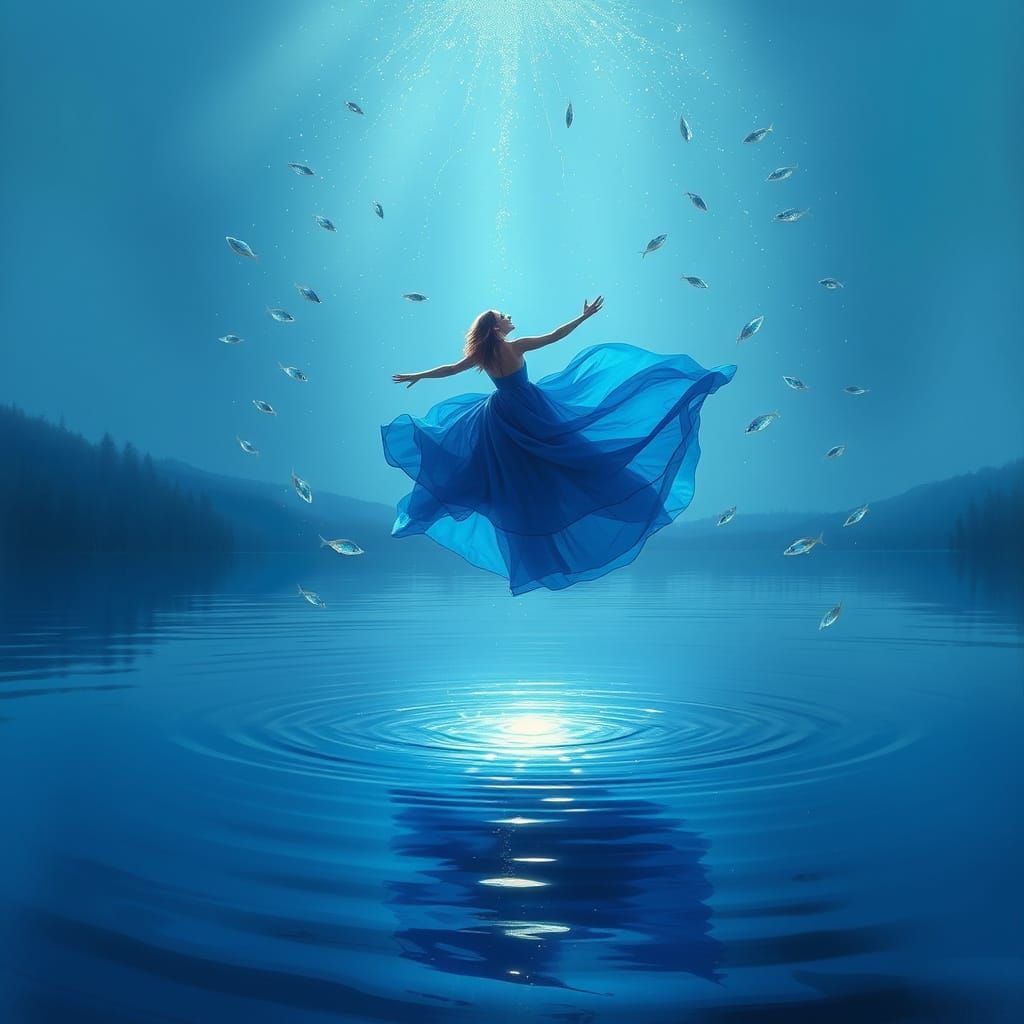 Woman Floats Above Serene Lake in Sapphire Dress