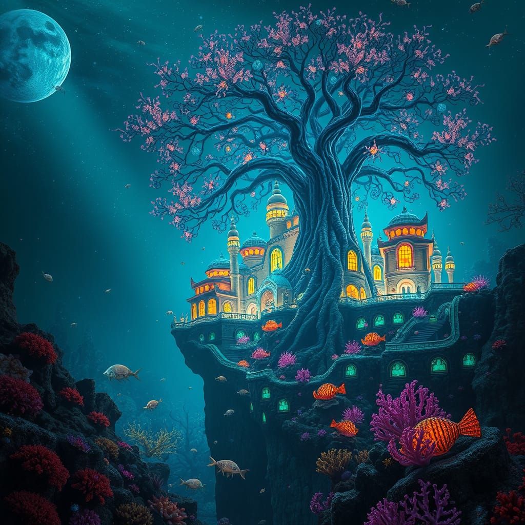 Bioluminescent Coral City Around Ancient Tree in Art Nouveau