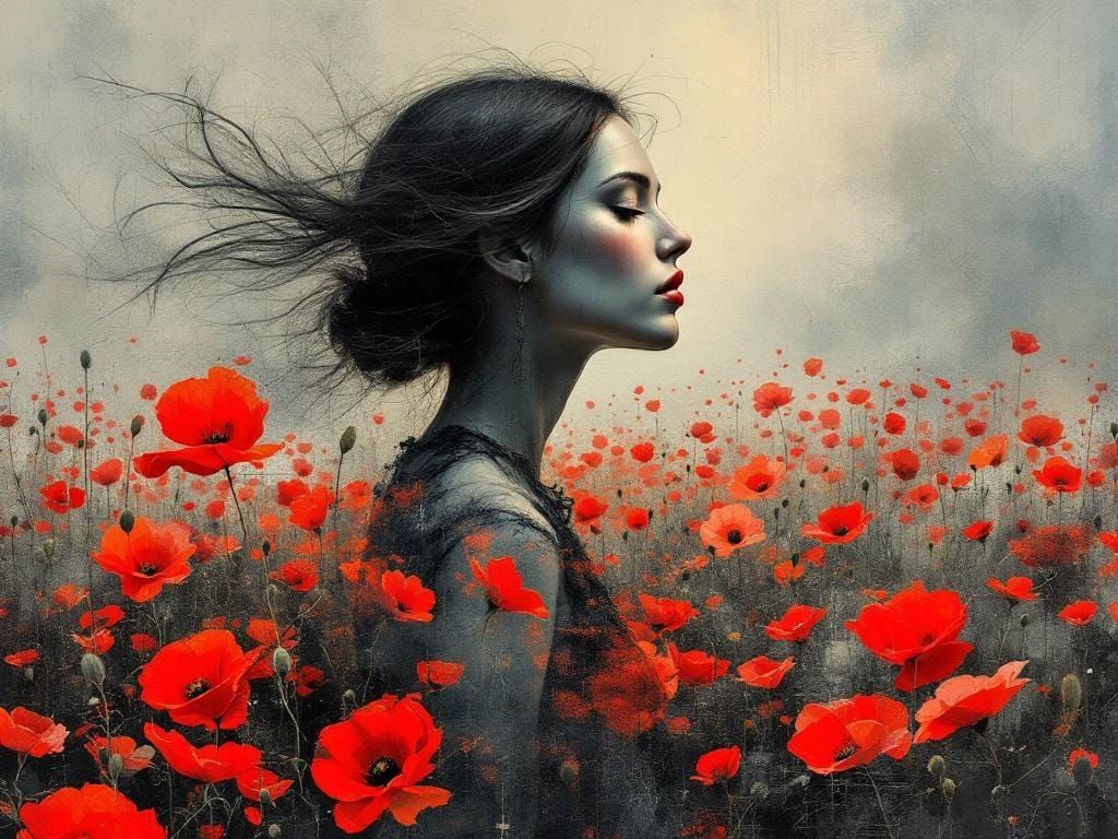 Woman in Poppy Field Impasto Oil Painting