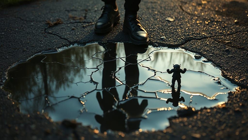 Distressed Reflections in a Rippling Puddle, Close-Up Portra...