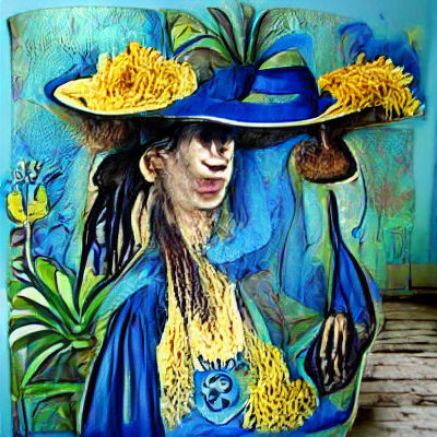 Herbal Witch Woman in Blue and Yellow Floral Hat