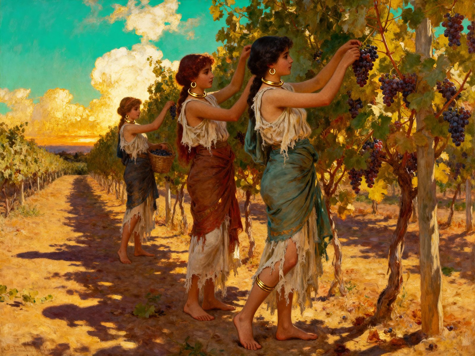 Orientalist Painting of Girls Picking Grapes in Vineyard