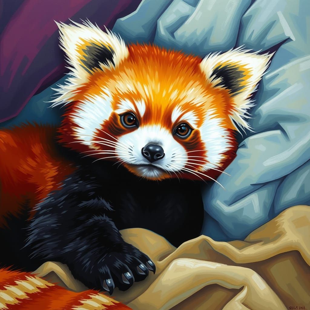 Anthropomorphic Red Panda in Cozy Bedroom Oil Painting
