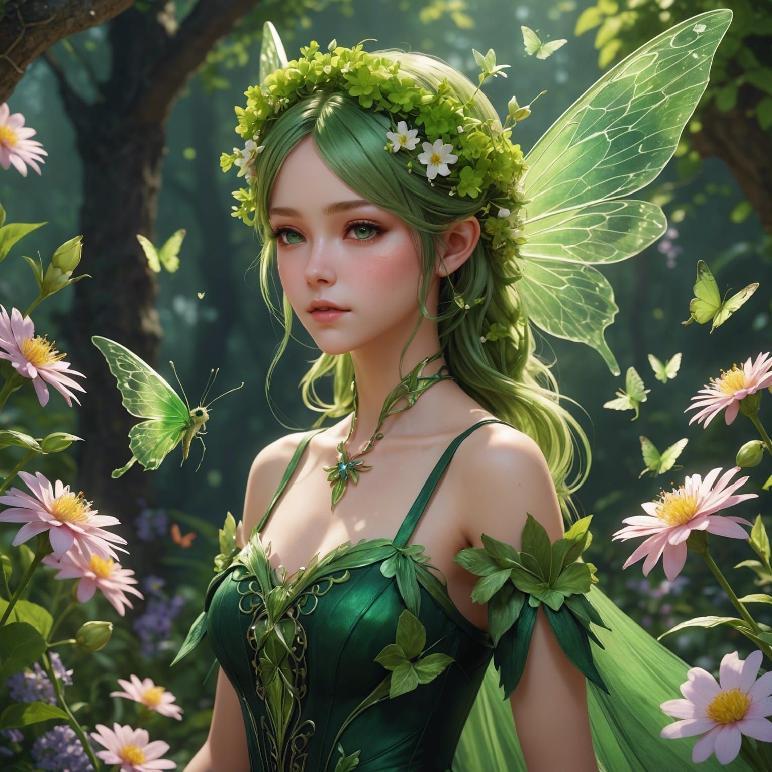 Green Fairy with Flowers in Anime Style