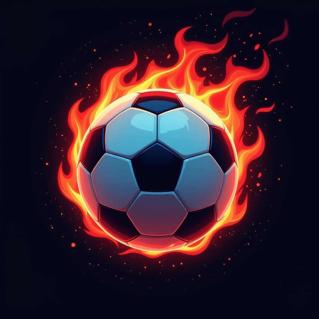 Soccer Ball Ablaze in Red and Blue Flames on Black
