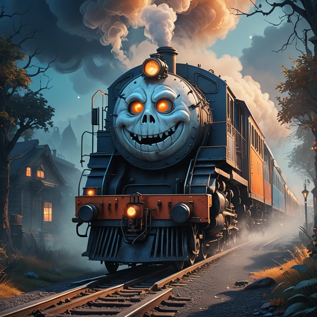 Smiling Ghost Train in Vibrant Cartoon Style