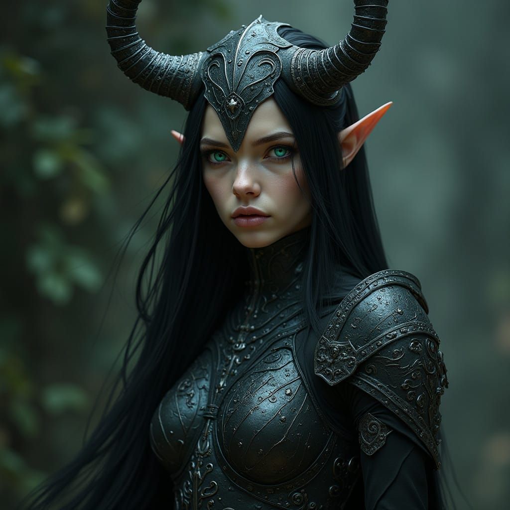 Dark, Brooding Female Elf in Gothic Metal Armour