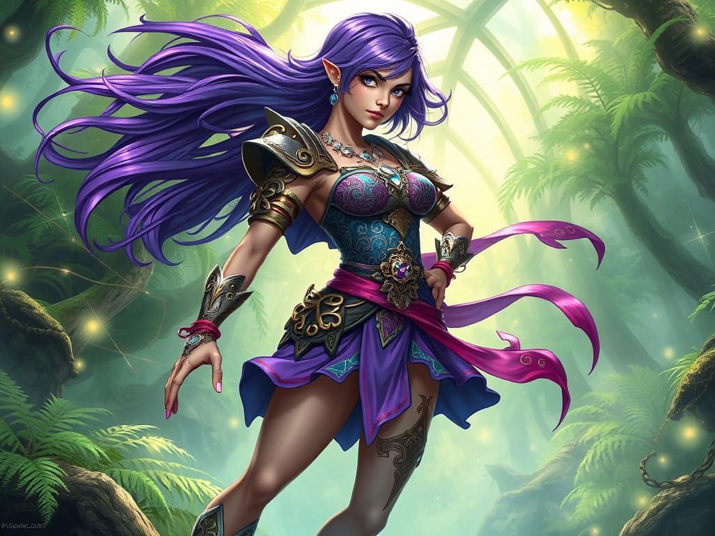 Confident Female Warrior in Vibrant Celtic-Inspired Attire