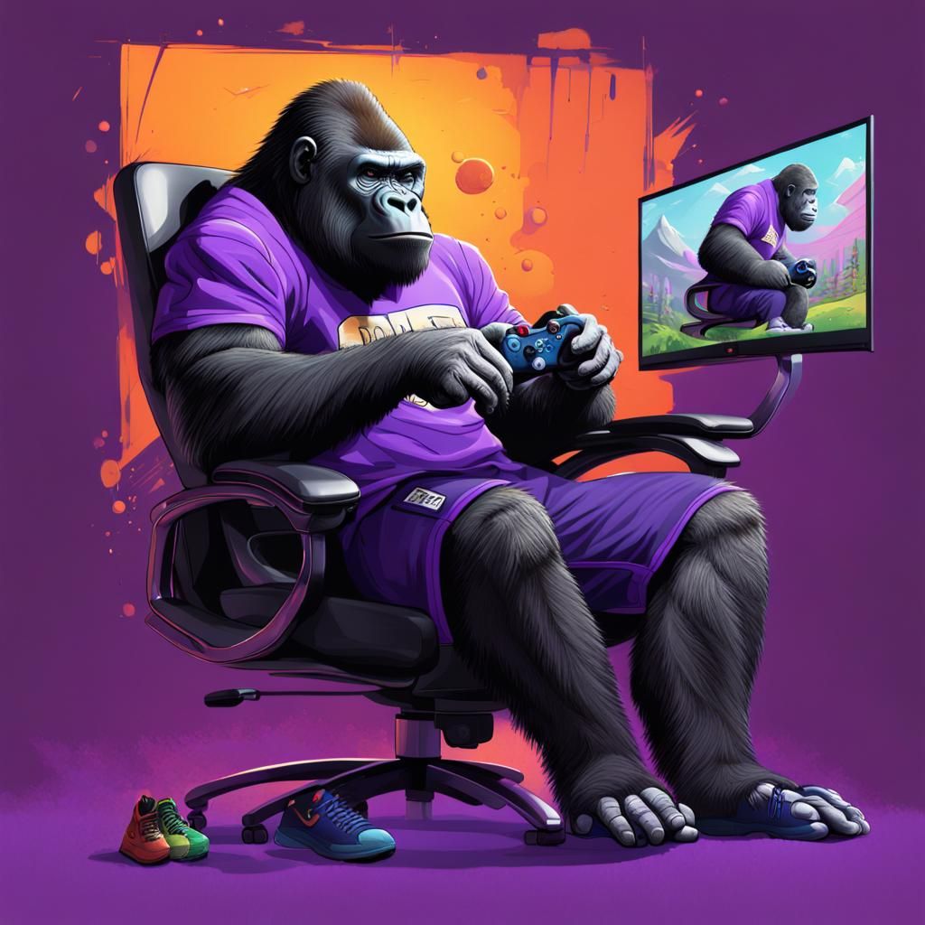 Hyperrealistic Gorilla Gamer in Colorful Room