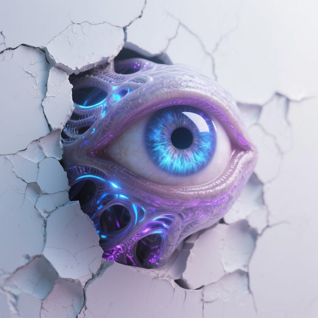 Mystical Glowing Eye in Dent Wall, 3D Rendered