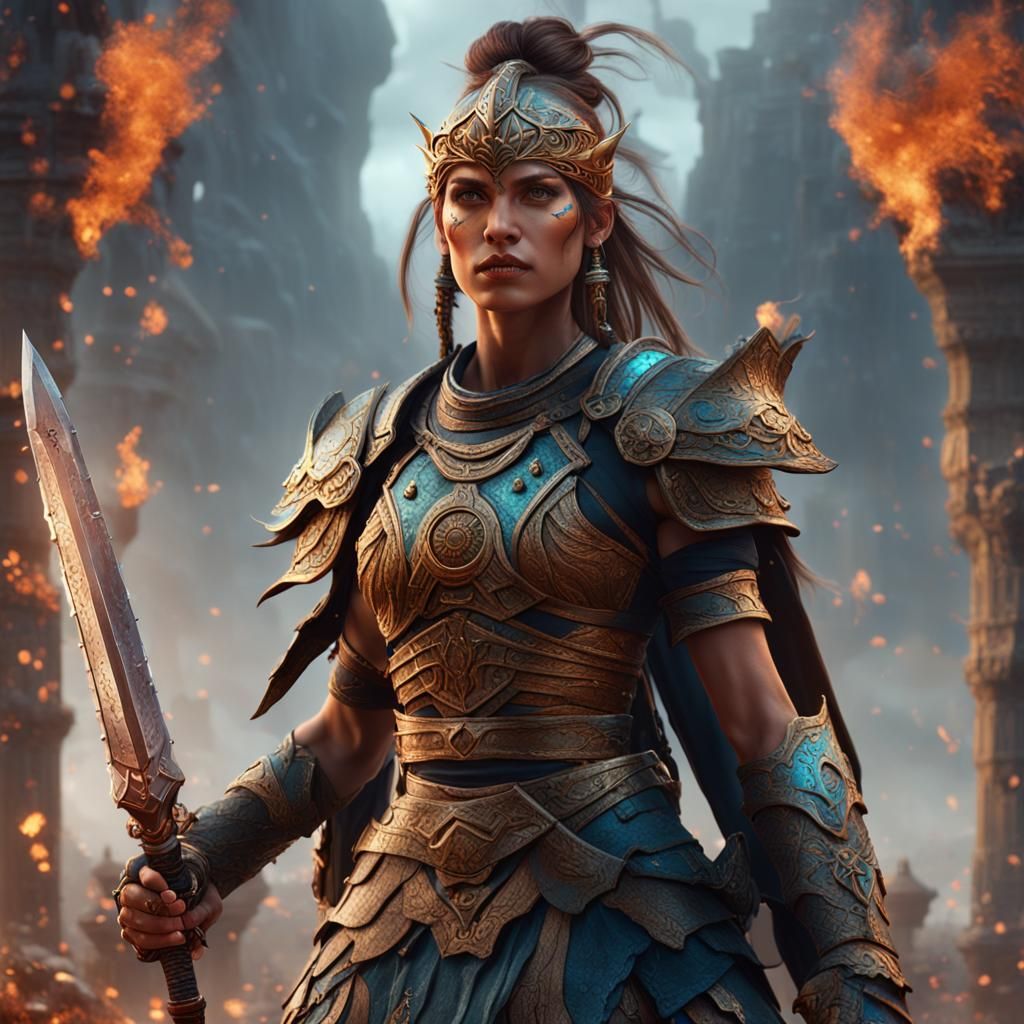 Fantasy Warrior Woman in Detailed Matte Painting